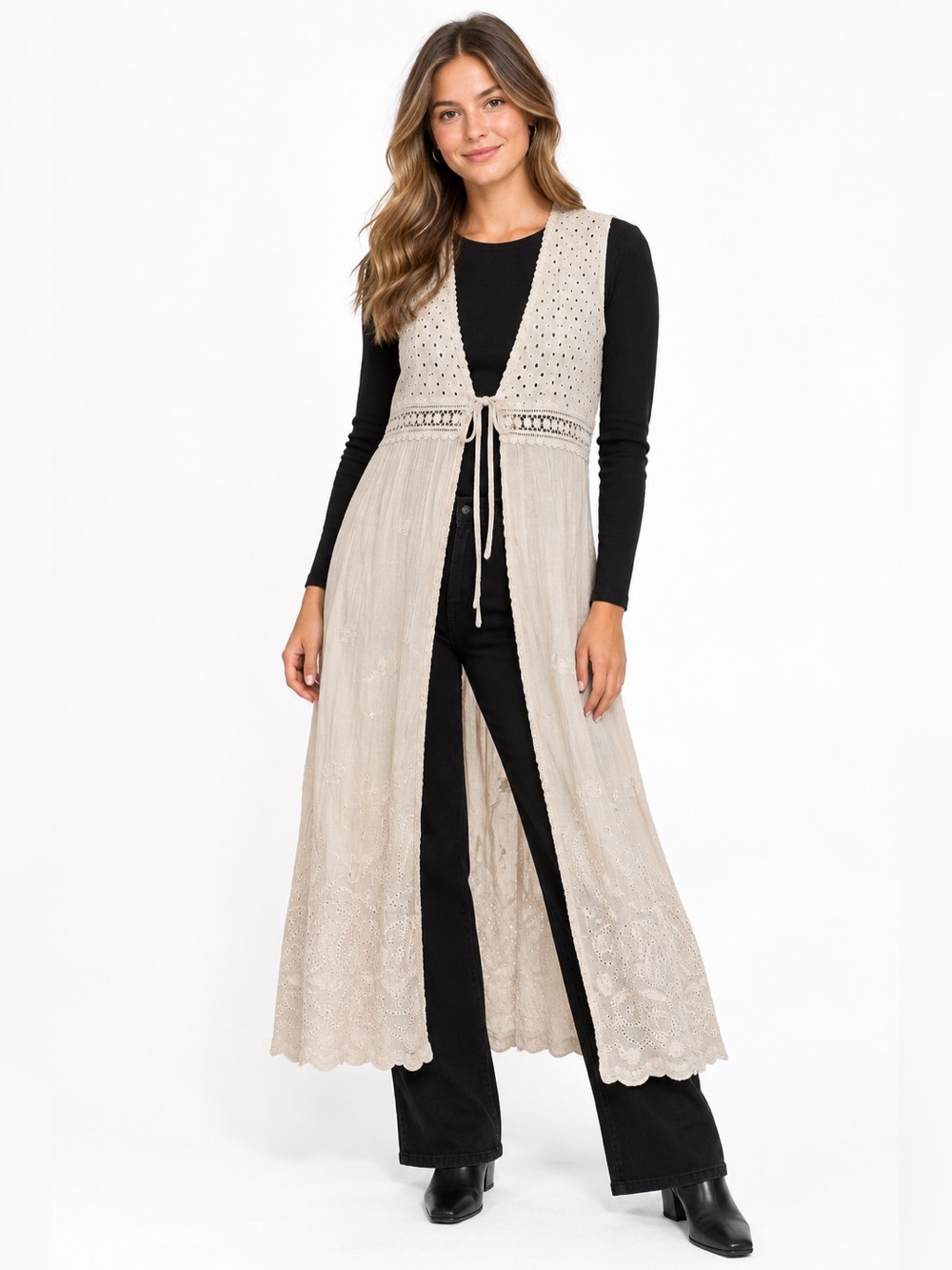 Valentina Naldi eyelet lace tie-front duster dress OS beige cream cotton boho